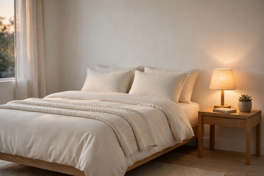 a cozy minimalist bedroom with a cream made bed, a knitted off-white throw across the foot, a wooden nightstand with a warm lamp, a book, and a small plant