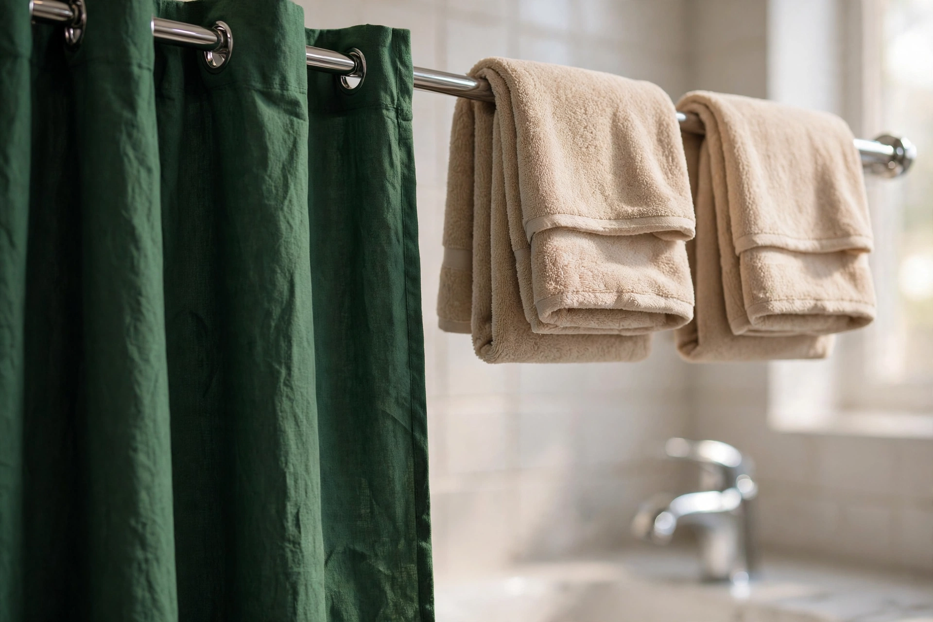 a deep green shower curtain beside two warm beige bath towels folded over a chrome rail, with a polished faucet softly behind