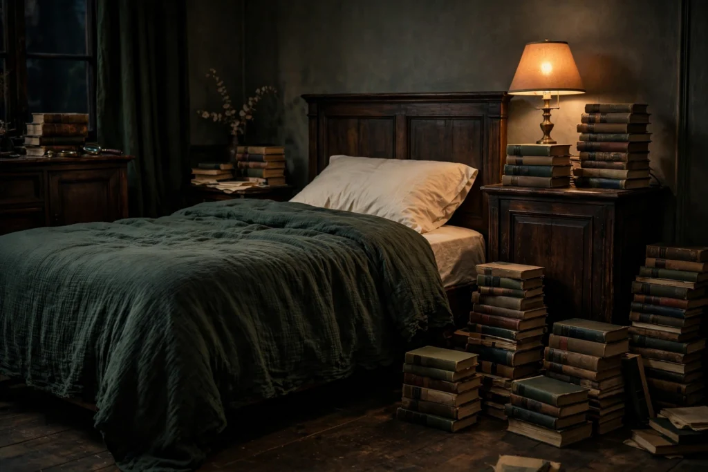 a dark academia bedroom with deep green bedding, a cream pillowcase, stacks of old clothbound books on the nightstand and floor, a warm table lamp, and dark wood furniture
