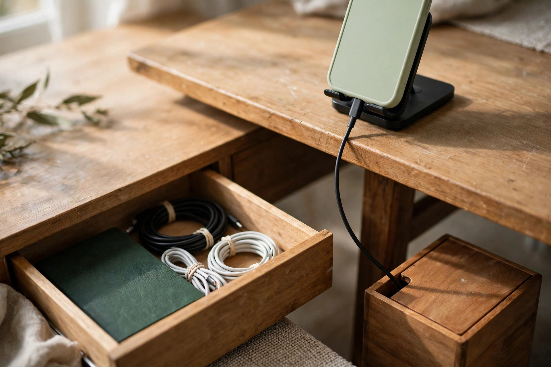 a phone charging on a stand at the edge of a tidy desk, its cable dropping out of sight behind the desk, with headphones resting beside it