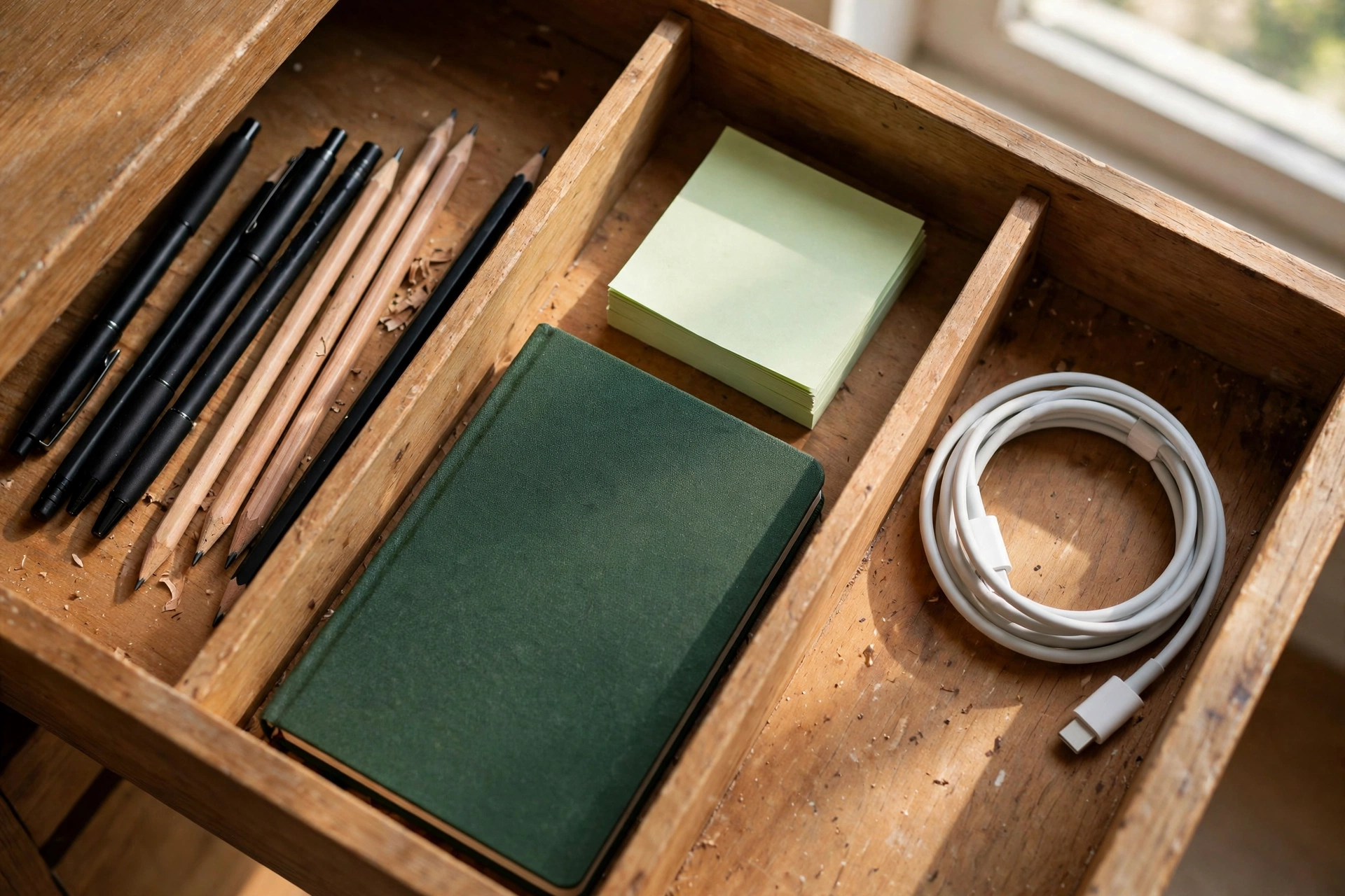 an open top desk drawer with dividers organizing pens, a notebook, sticky notes, and a coiled charger cable in separate compartments