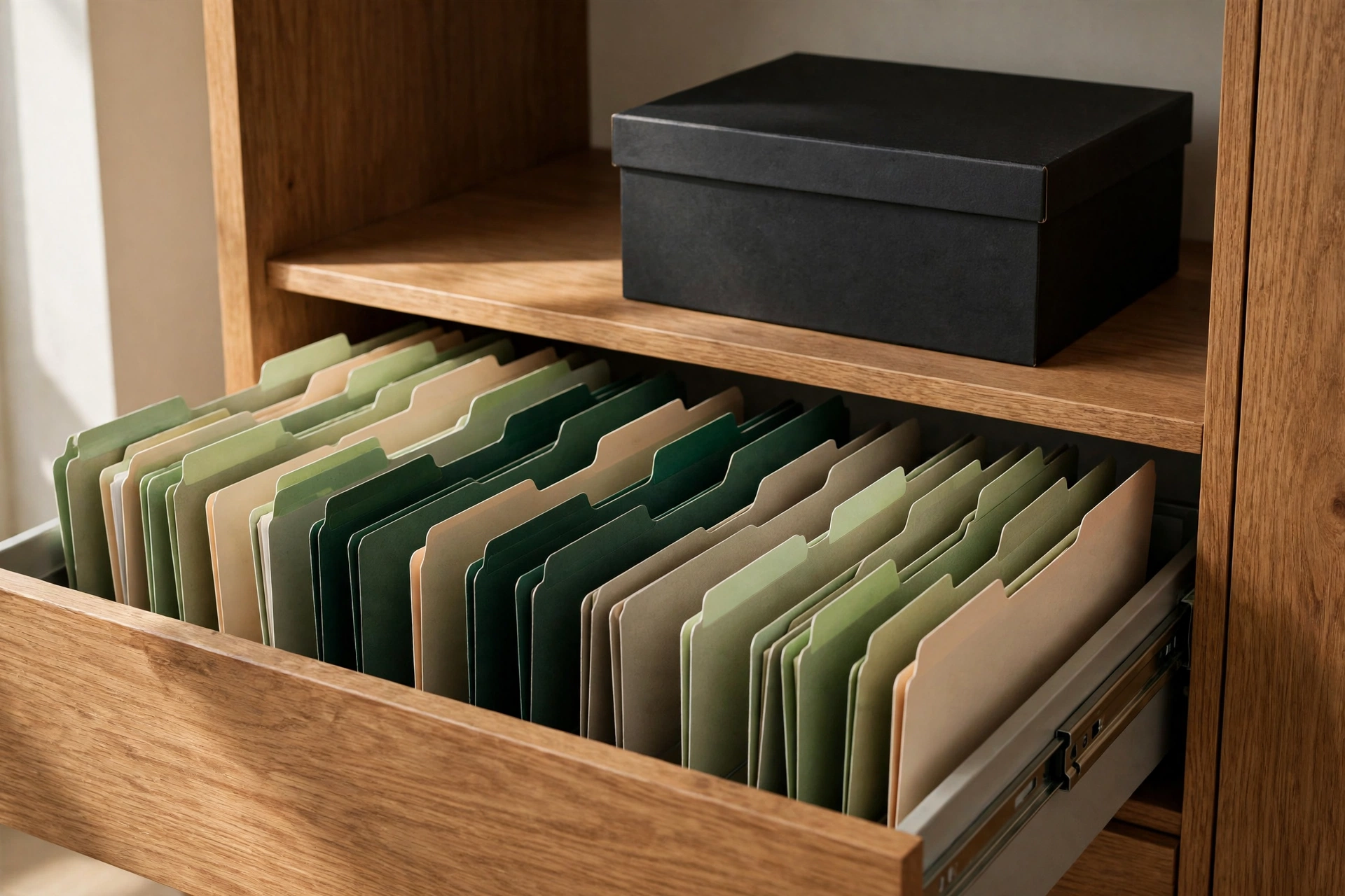 an open file drawer with upright hanging folders and tab labels, and a lidded archive box on the shelf above