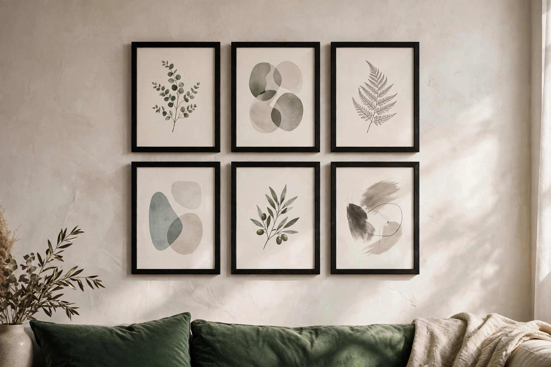 a gallery wall of six matching black frames with botanical prints hung in a tight group above a sofa with a deep green cushion