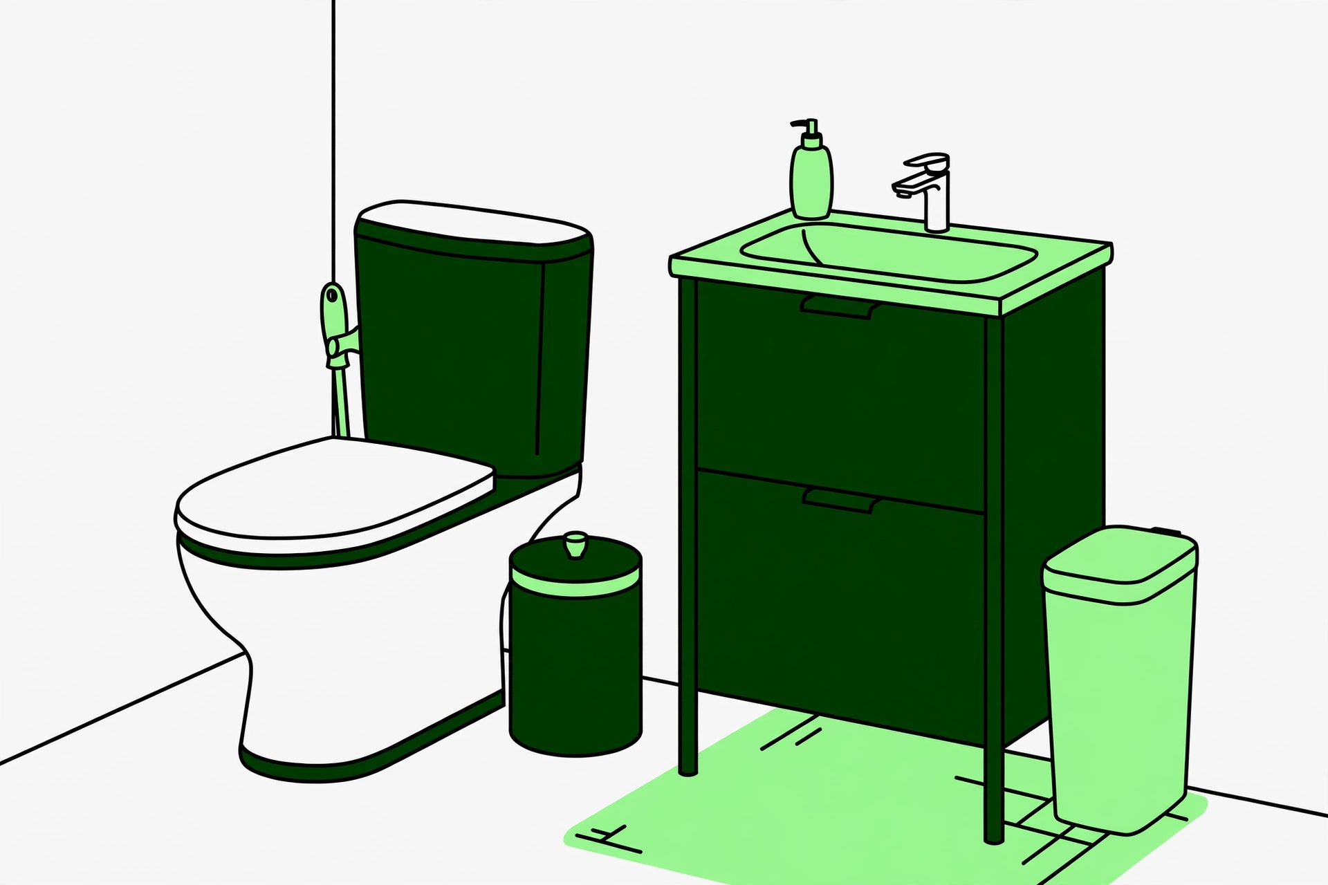 Bathroom corner with plunger holder behind toilet, lidded toilet brush canister, and slim trash can concealed beside the vanity