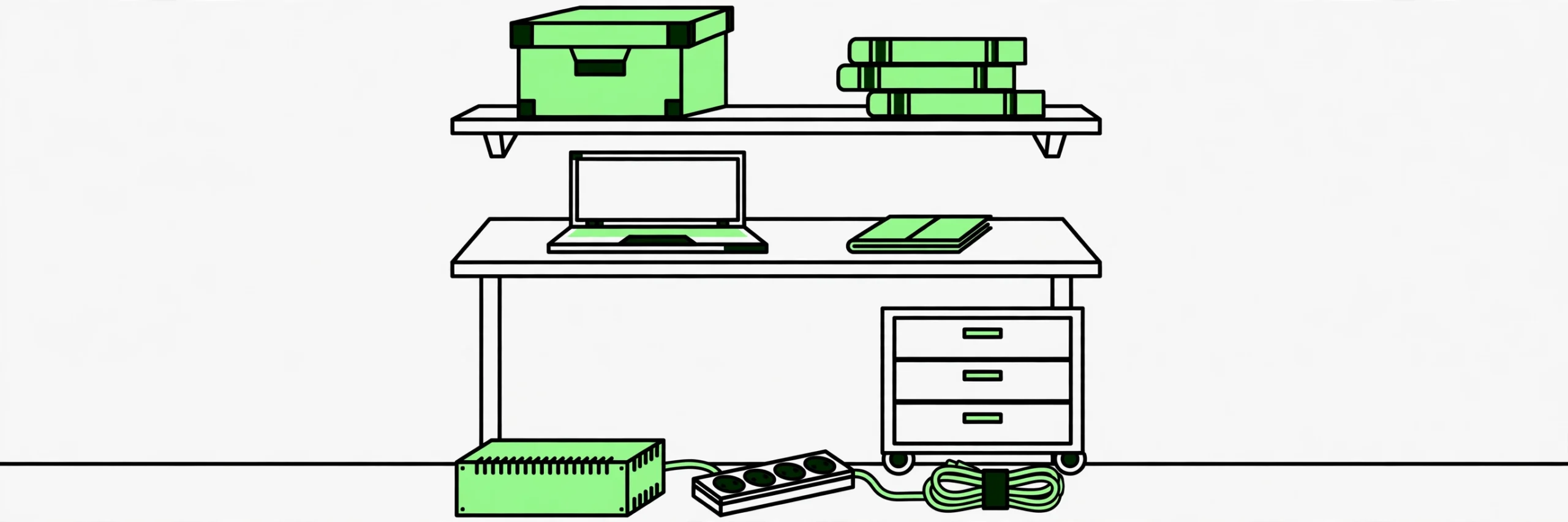 a small desk with a shelf above it holding a file box and books, a drawer unit under the desk, and a power strip with bundled cables on the floor