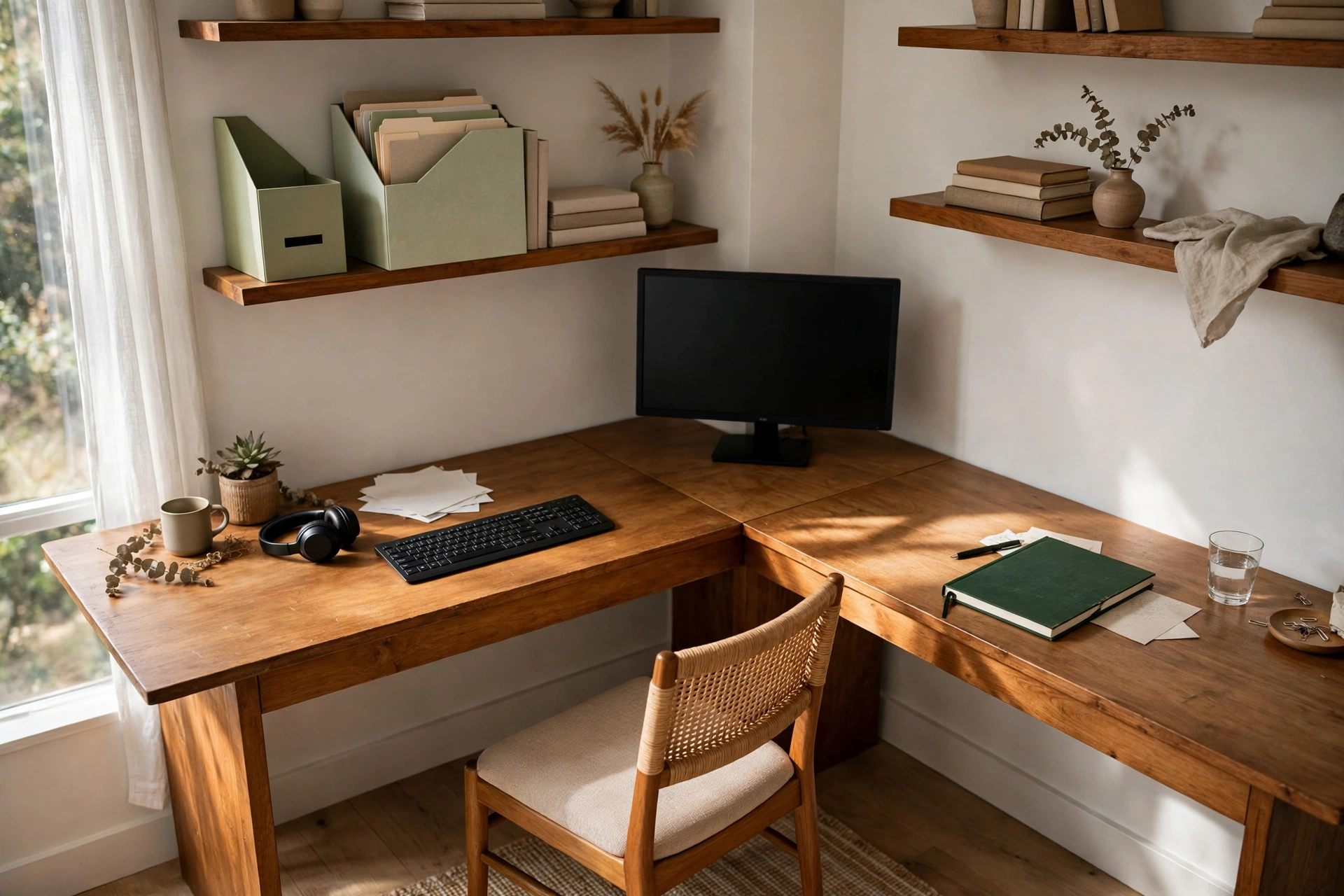 an L-shaped corner desk with the monitor placed in the corner angle, a keyboard run along one wall, and a writing surface with a notebook along the other
