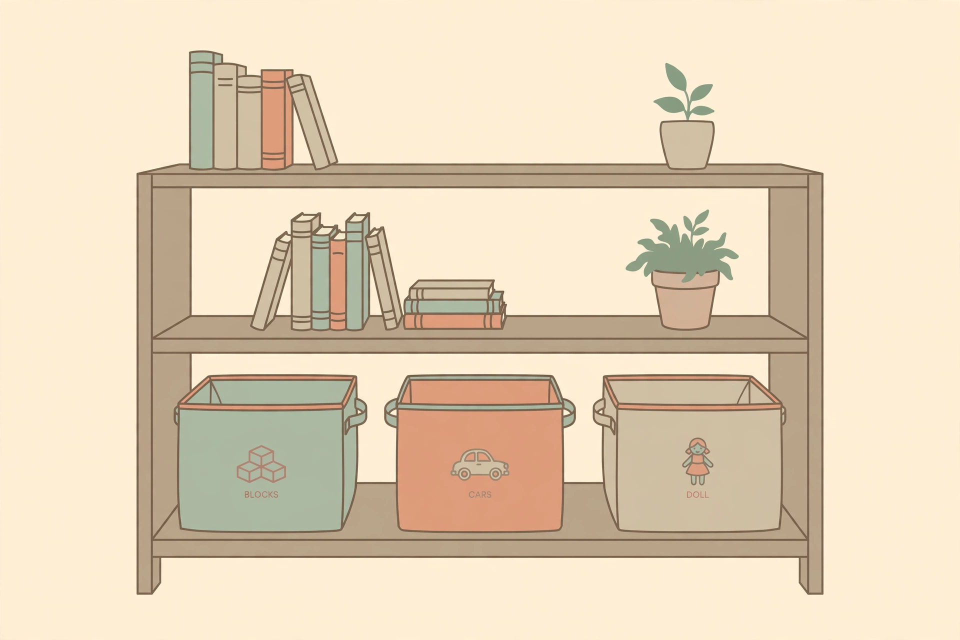 Low bookcase with picture-labeled toy bins at child height