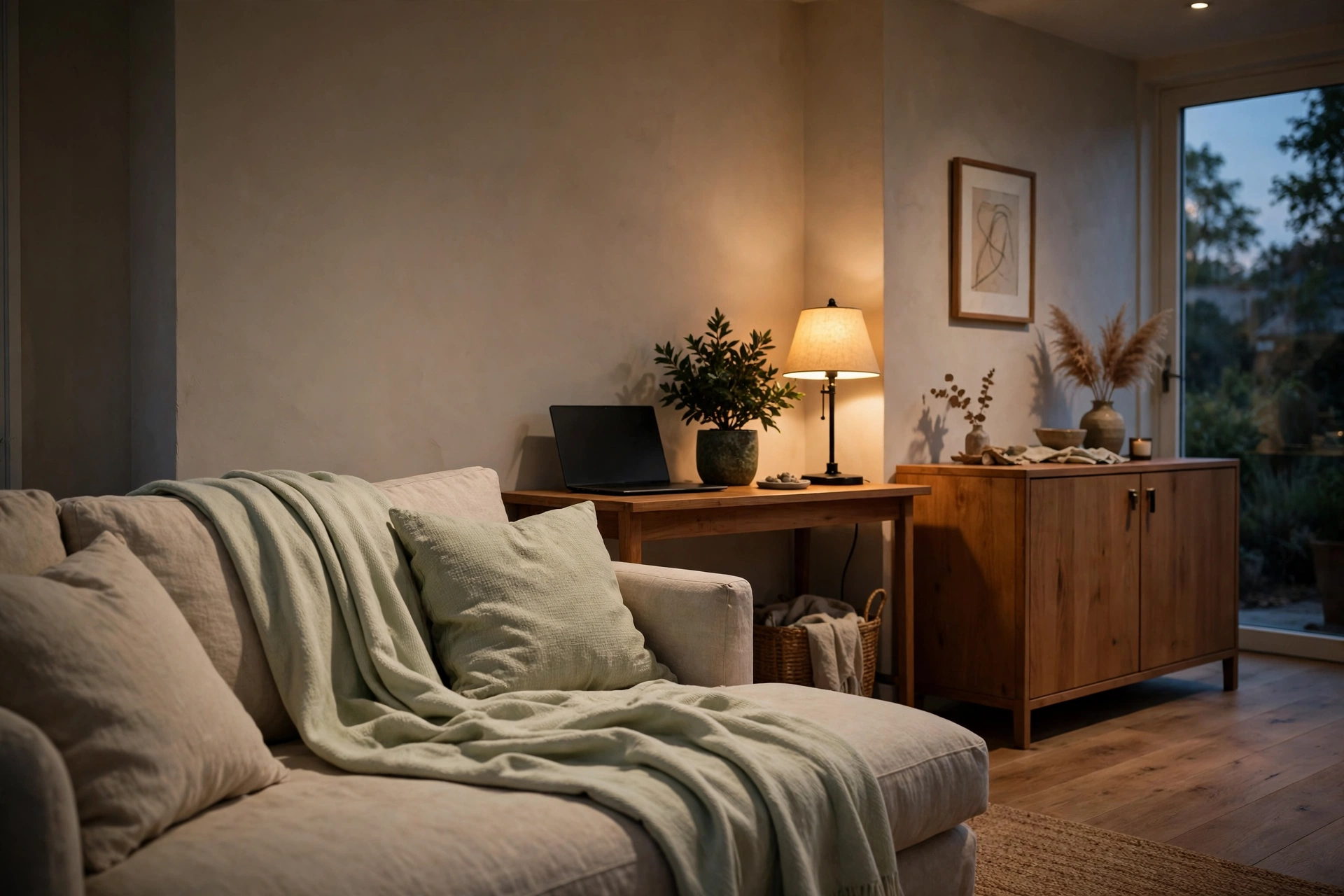 a living room in evening living mode with a desk against the wall holding a closed laptop and a warm lamp, reading as a quiet console table