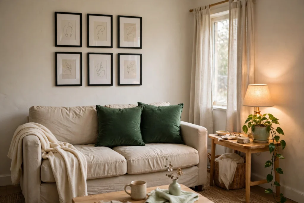a small living room after a budget makeover with a sofa dressed in deep green cushions and a cream throw, light curtains, a trailing plant, and warm lamplight