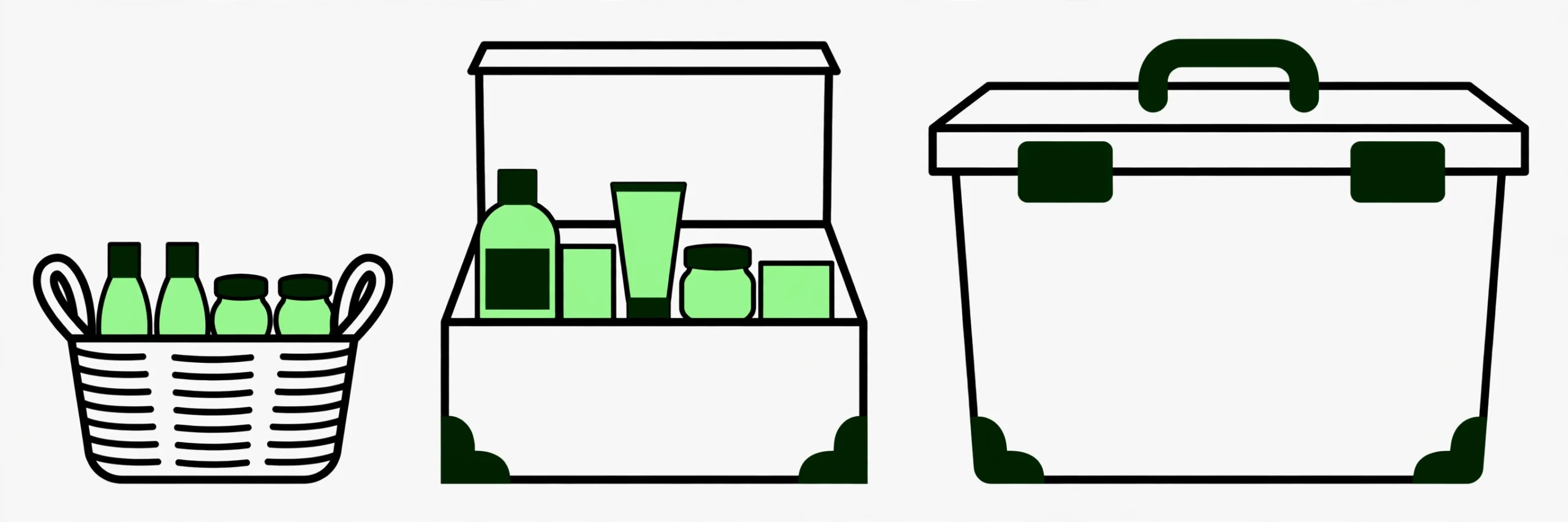 three containers in a row: a small open basket with a few daily products, a medium box with more products, and a large closed storage bin for backstock