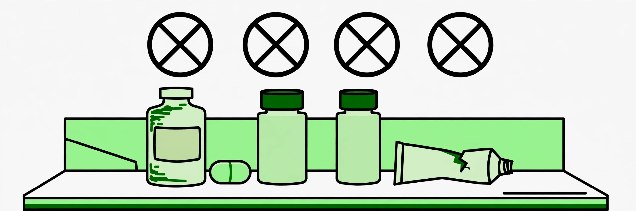 medicine cabinet items marked for disposal: faded bottle, loose pill, duplicate bottles, split tube