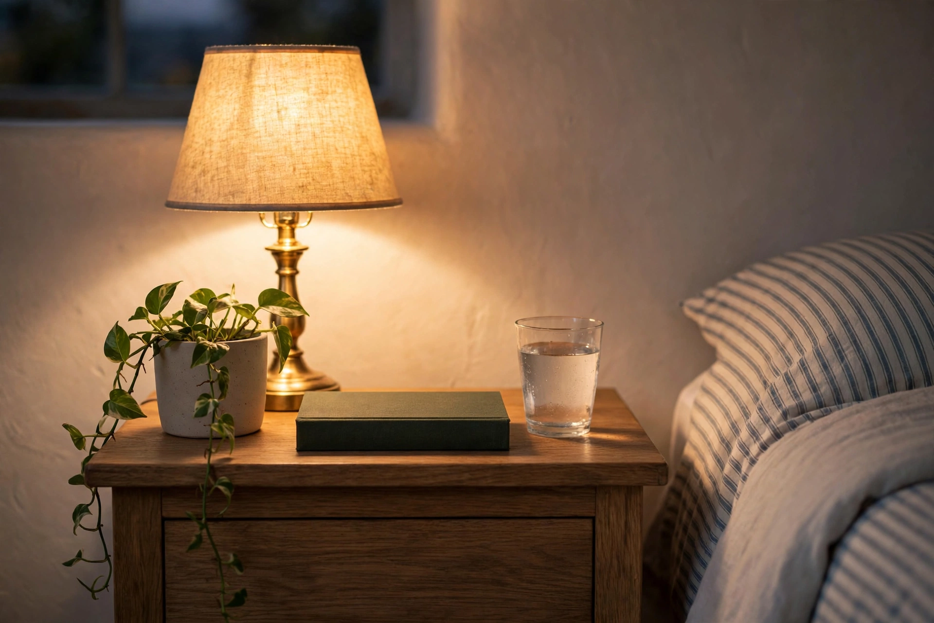 a tidy nightstand in the evening with a warm glowing lamp, a trailing green plant, a closed book, and a glass of water beside a striped bed