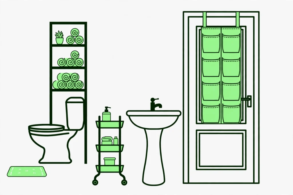 bathroom with no storage organized using freestanding cart and over door organizer