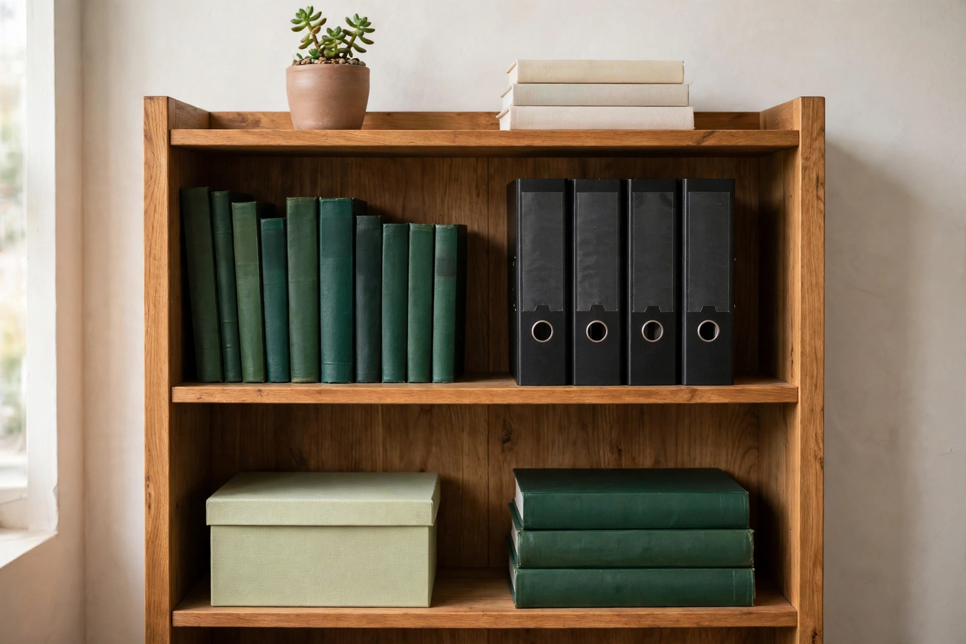 an office bookshelf zoned by reach, with reference books and binders on the middle shelves, light items and boxes on top, and heavy baskets and boxes on the bottom shelf