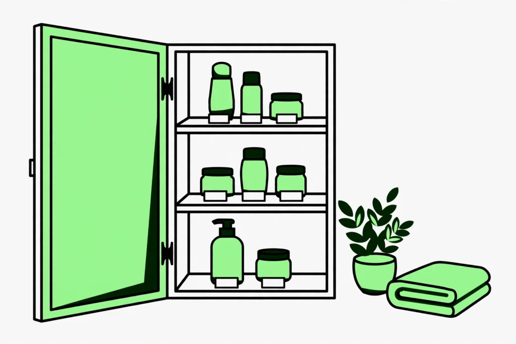 open organized medicine cabinet with clearly labeled shelves and sections