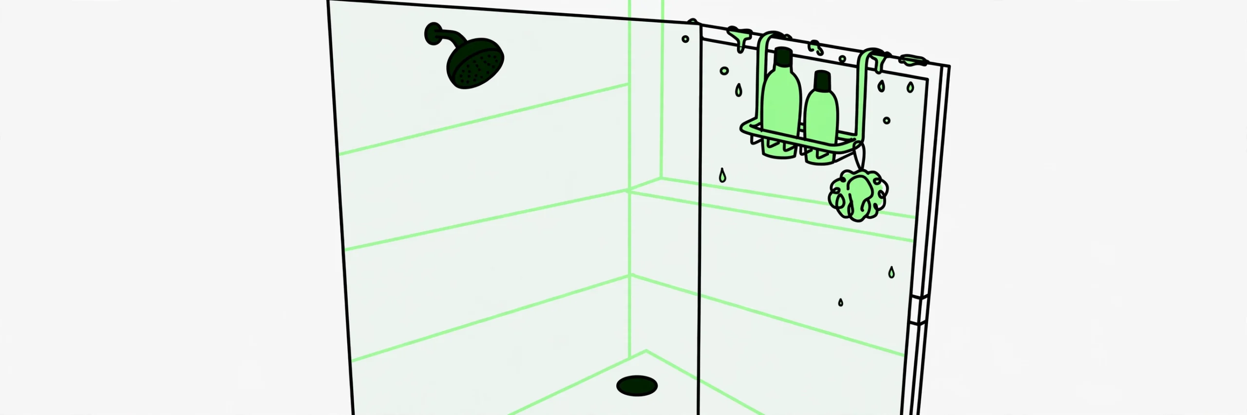 caddy hanging over a glass shower door holding bottles and a loofah
