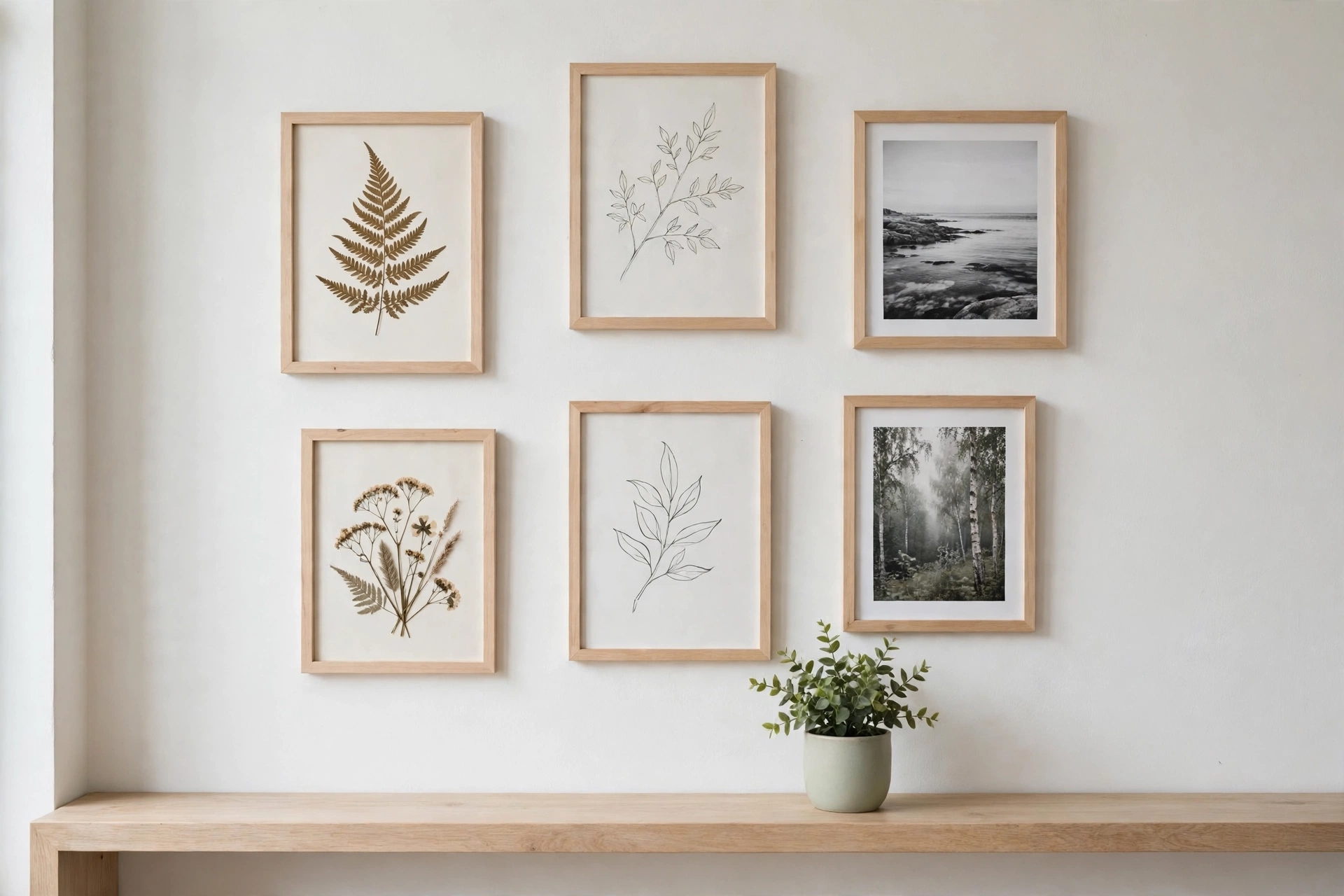 six simple light wood frames with pressed leaves, line drawings, and nature photographs on a white wall, above a light wood surface with a small potted plant