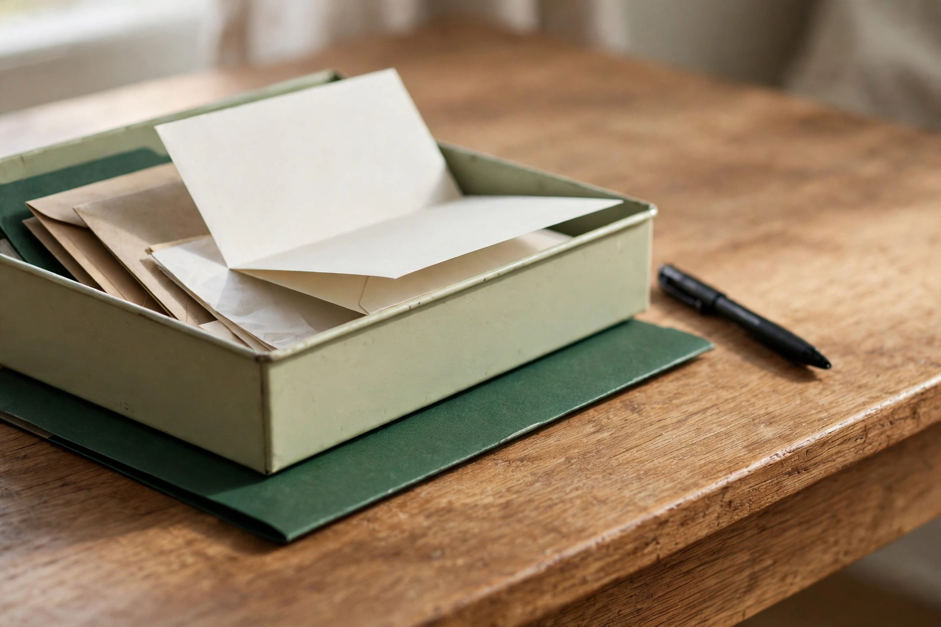 a desk organizer holding envelopes and papers at one intake point on a tidy desk, with a pen resting on top