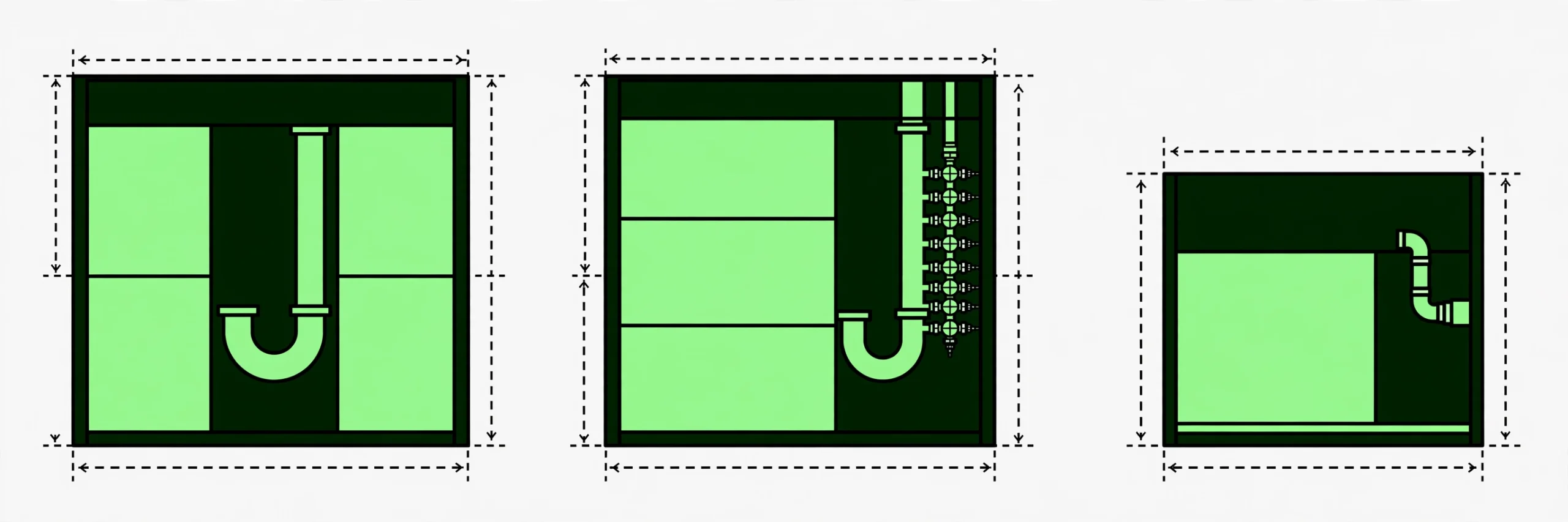 Three under-sink pipe layout diagrams showing center trap, offset trap, and shallow cabinet cases