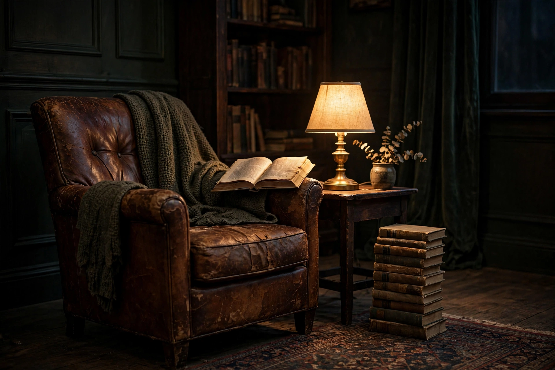 a reading corner with a worn leather chair, an open book, a knitted throw, a warm table lamp, and a stack of old books beside a bookshelf