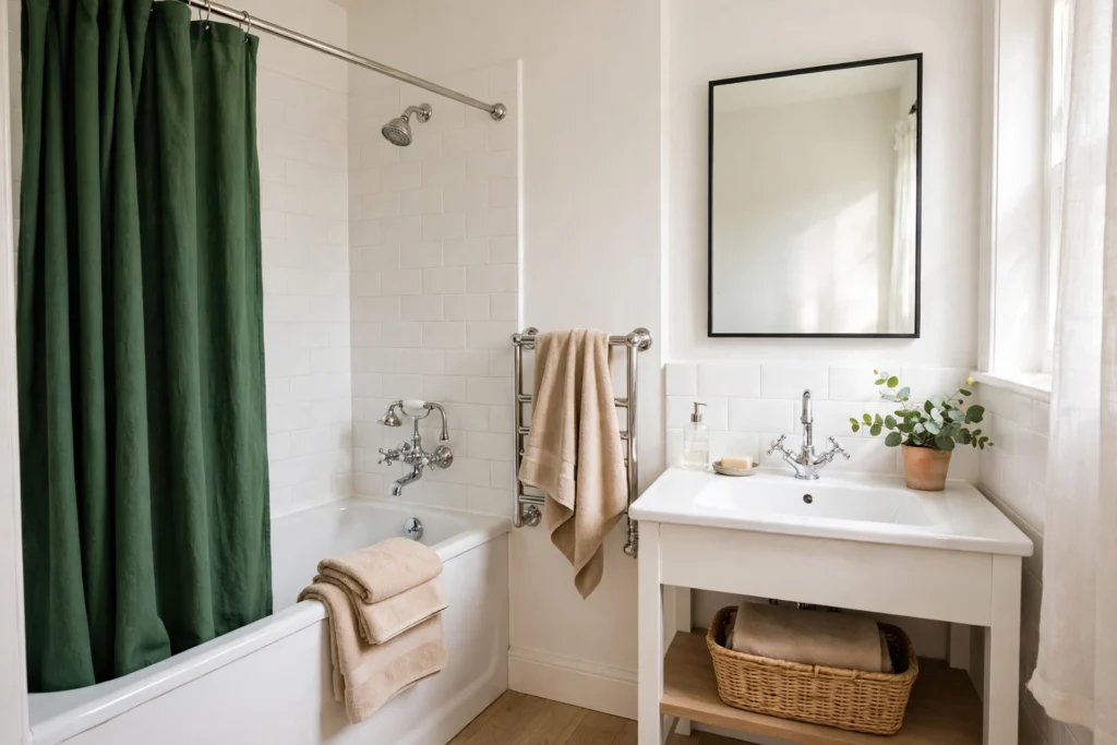a small rental bathroom after a budget refresh with a deep green shower curtain, warm beige towels on a rail and tub edge, polished chrome taps, and a clean bright mirror