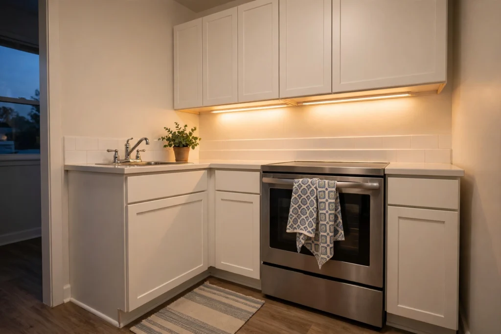 a small rental kitchen after a no-renovation refresh with warm light glowing under white cabinets, a patterned towel on the oven handle, a potted plant by the sink, and a striped mat on the floor