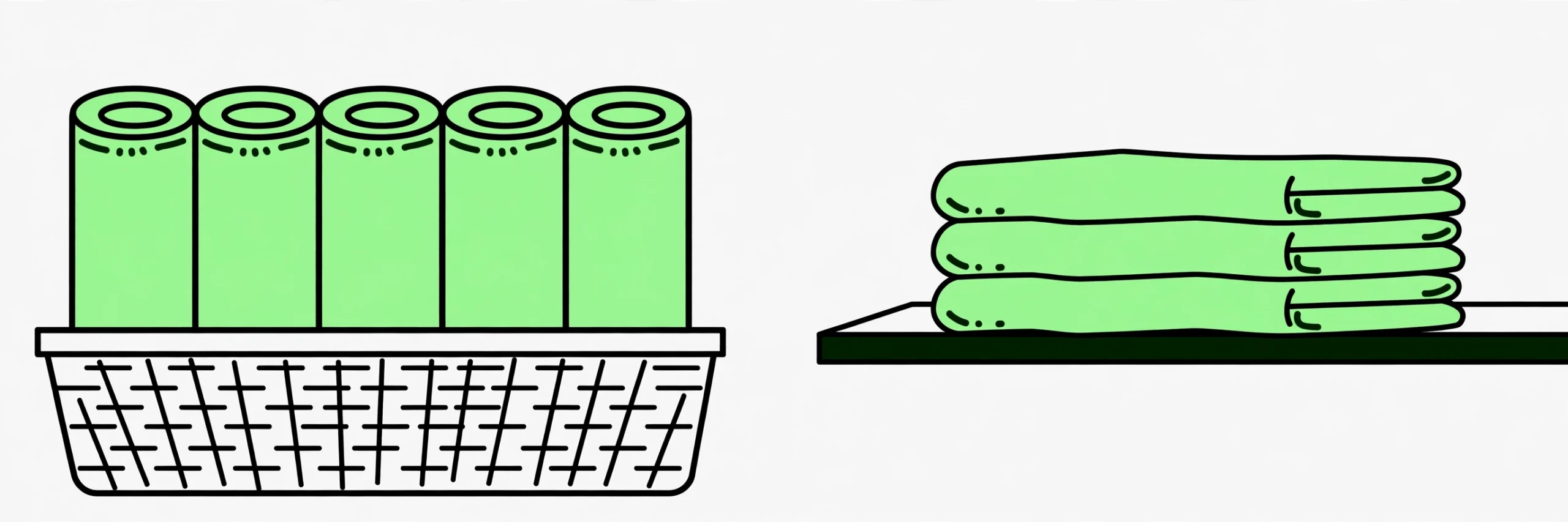 rolled towels standing in a basket beside a short stack of flat folded towels on a shallow shelf