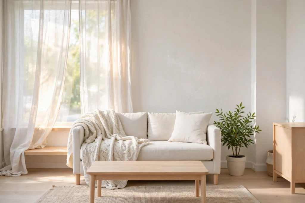 a Scandinavian style living room with a white sofa, a textured off-white throw, light wood furniture, a green potted plant, and sheer curtains in daylight