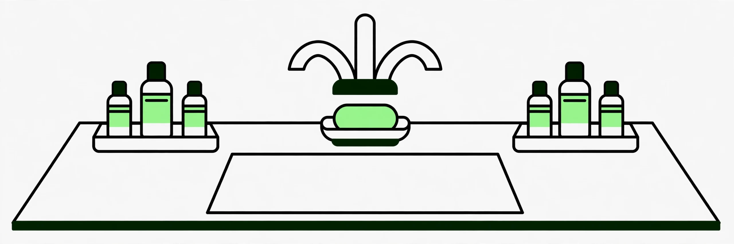 shared small bathroom counter with two separate trays, one for each person, a soap dish between them by the faucet, and a clear strip of counter in front