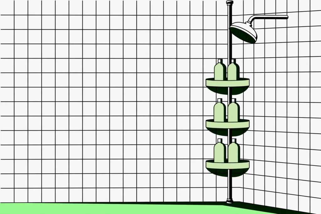 organized shower with tension pole caddy and no-drill storage solutions