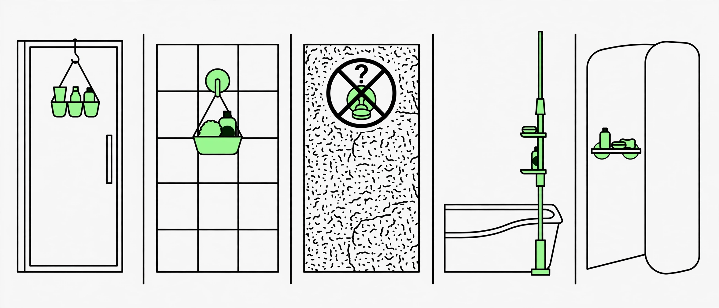 diagram matching five shower surfaces to the right no-drill mount: glass door, smooth tile, textured tile, tub combo, fiberglass stall
