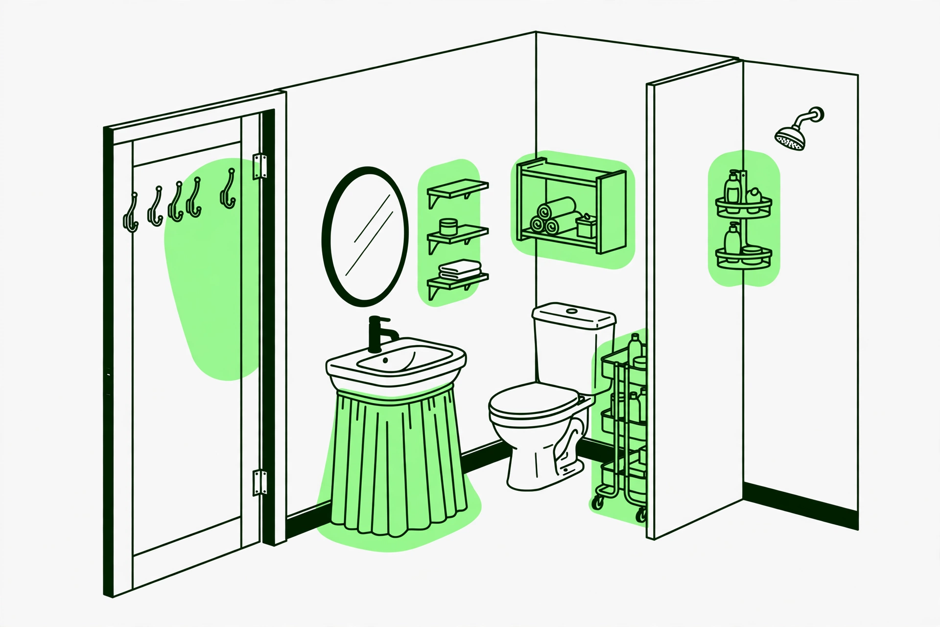 six places storage can go in a bathroom with no storage: door hooks, shelves beside the mirror, unit over the toilet, cart in the floor gap, skirted pedestal, shower caddy