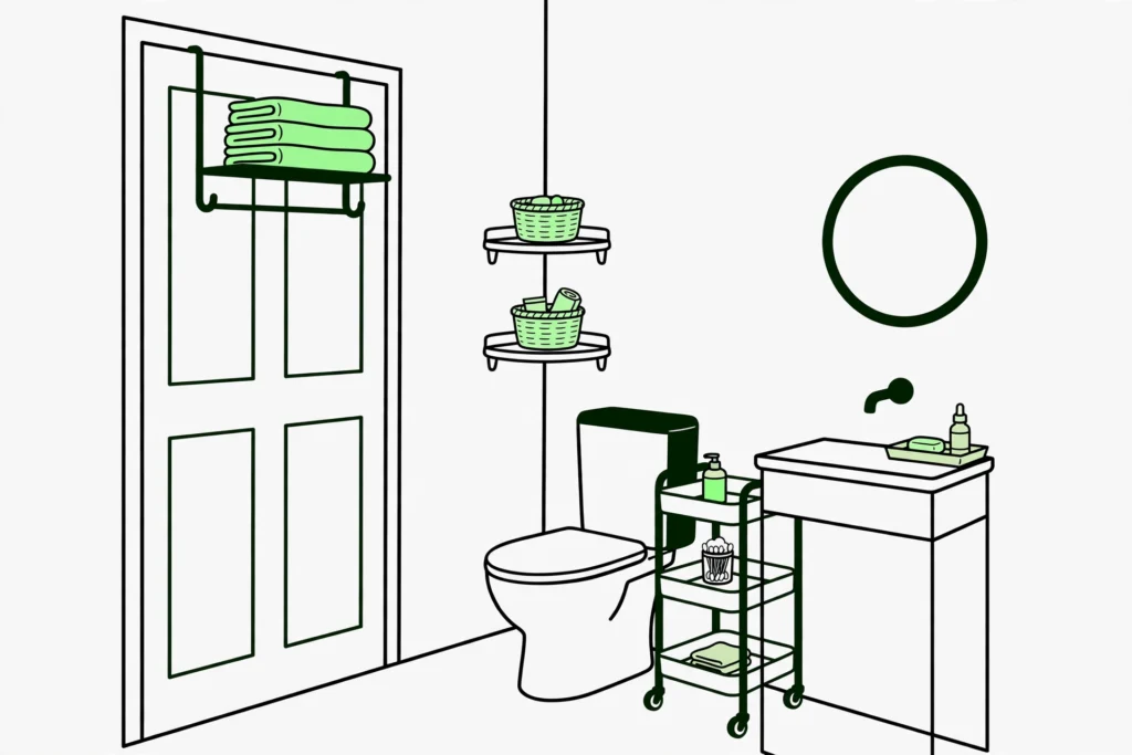 small bathroom organized with over door rack tension shelves and baskets