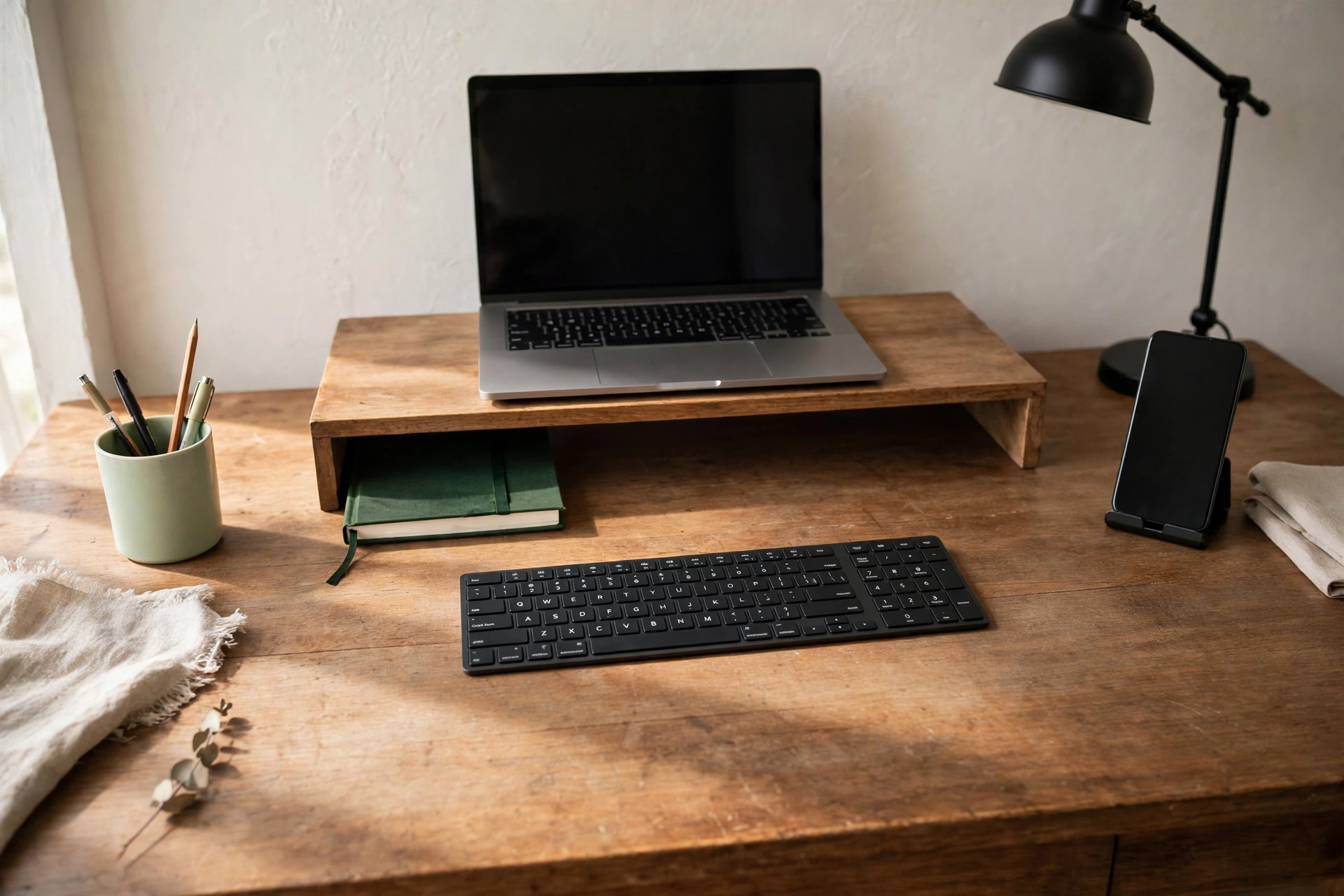 a small desk laid out in bands with a laptop on a riser and a notebook stored underneath, a clear work area with a keyboard in front, and a pen cup and phone at the sides