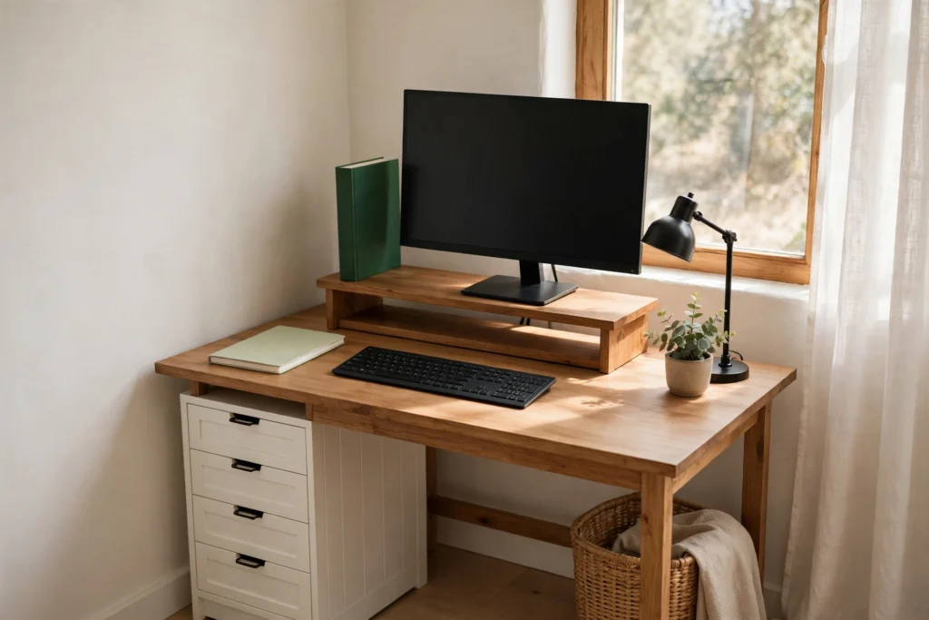 small desk organized with monitor stand drawer unit and minimal items