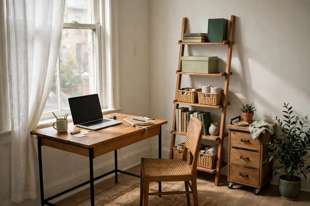 small organized home office corner in rental apartment with desk and shelving