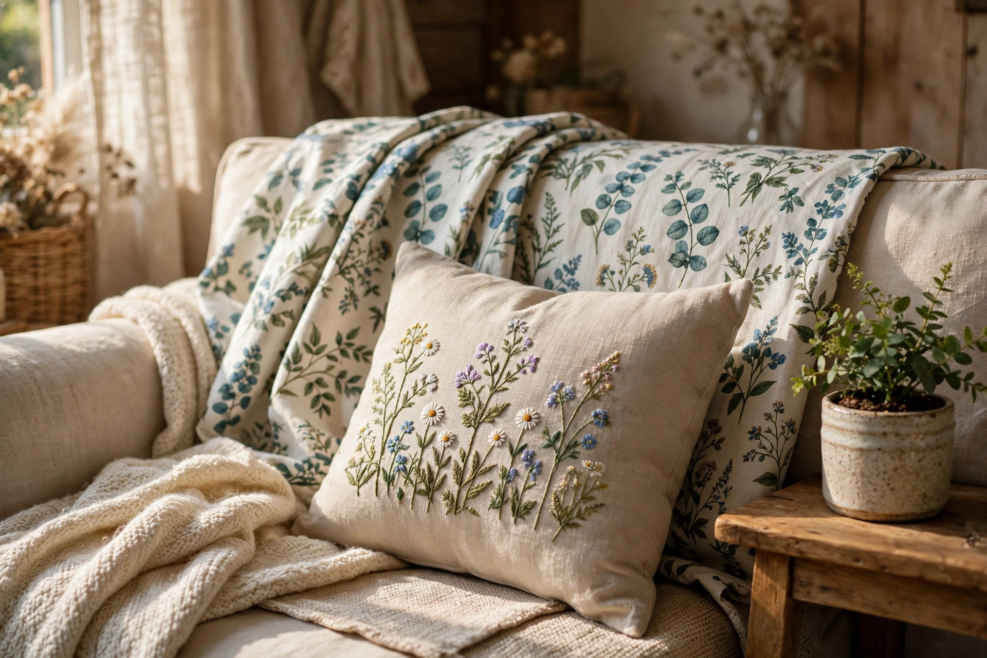 a beige cushion with embroidered wildflowers against a botanical print fabric draped over a sofa back, with a knitted throw and a small potted plant beside it