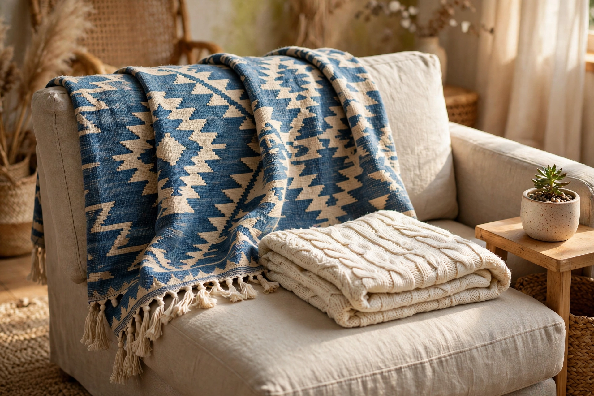 a blue and neutral geometric woven throw with tassel fringe draped over a sofa back, with a folded cream knitted blanket on the seat and a small potted succulent beside it