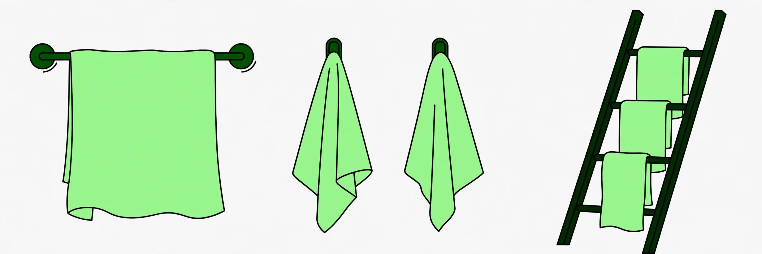 three towel drying options side by side: a bar with a towel hanging fully spread, two spaced hooks with towels hanging open, and a ladder rack with towels on its rungs