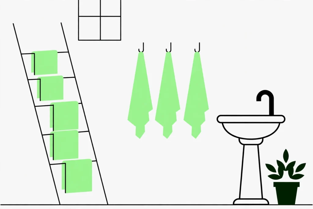 small bathroom with towels organized on ladder rack and wall hooks