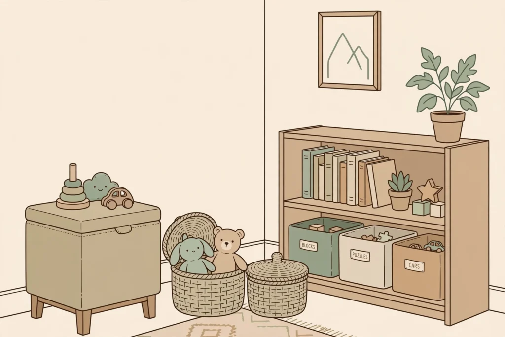 small living room with children's toys organized in baskets and storage ottomans