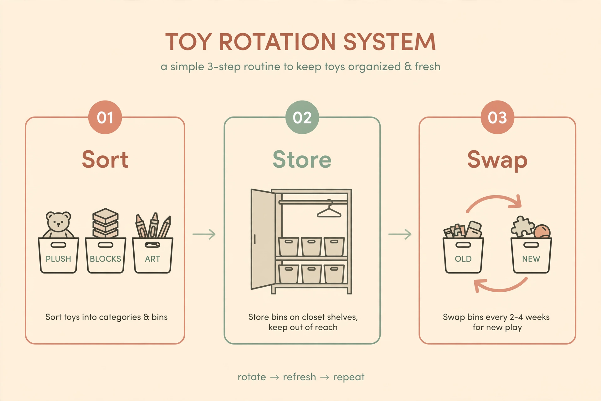 Three-step toy rotation system infographic showing sort, store, and swap