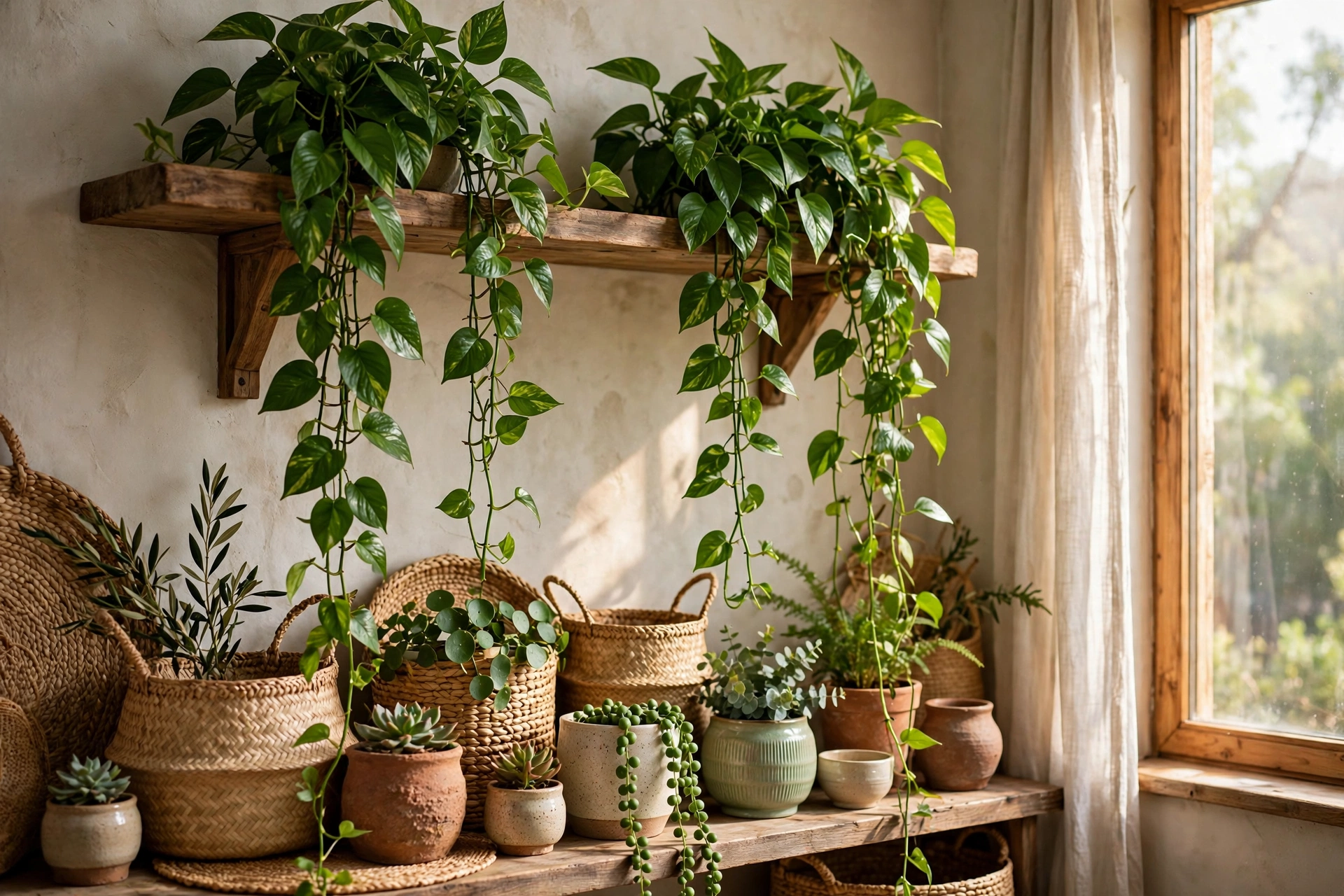 trailing plants on a high wooden shelf with woven baskets and ceramic pots on the surface below, beside a window with sheer curtains