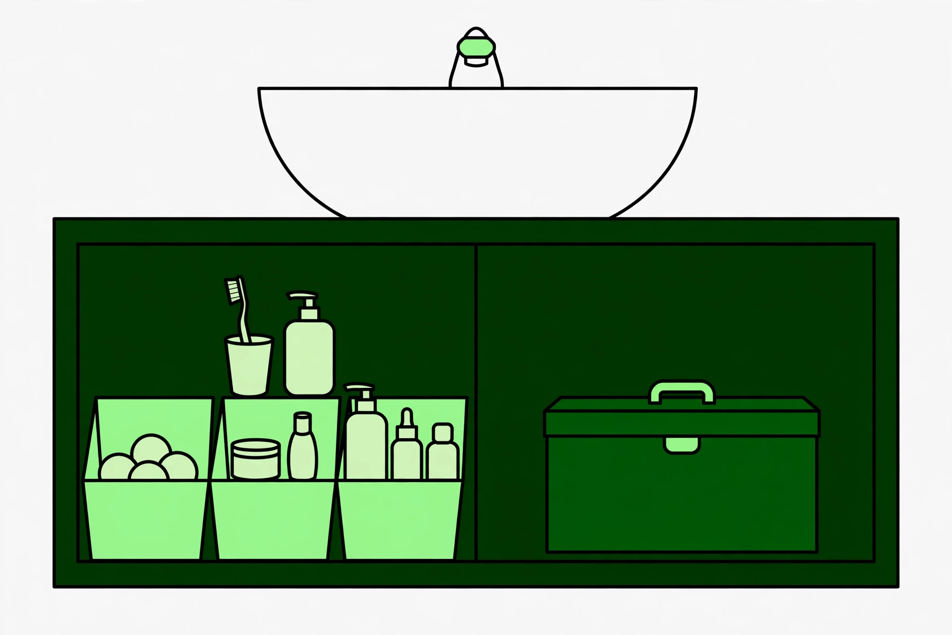 Under-sink cabinet split into a toiletries zone with open bins and a sealed cleaners zone