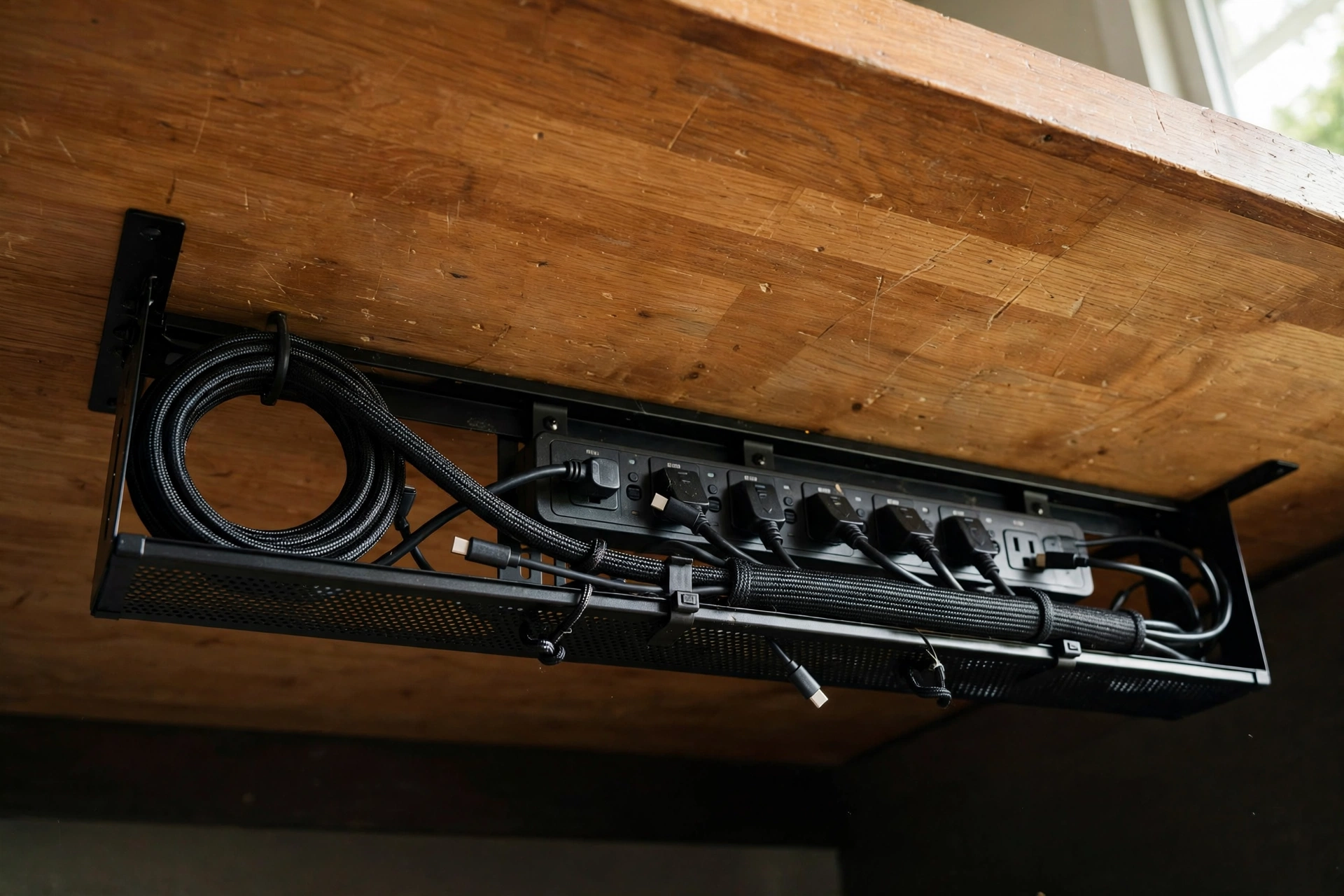 the underside of a desk with a cable tray holding a power strip, cables bundled into one run along the tray, and a coiled service loop of spare cable