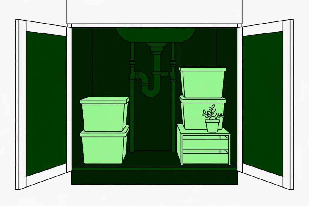 bathroom under sink organized with stackable bins and small shelving unit