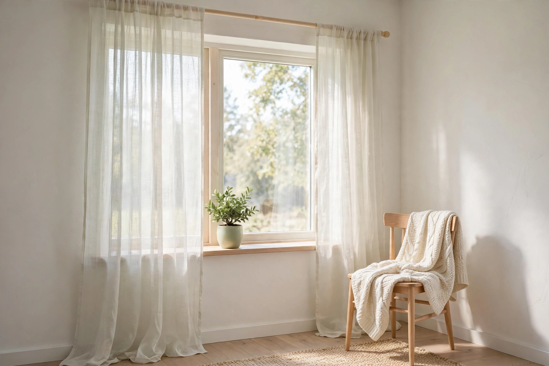 sheer curtains at a bright window with a small plant on the sill and a light wood chair holding a cream knitted throw