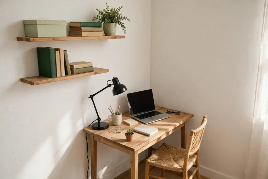 work from home corner in a small apartment with a desk set into the corner and shelving on one wall